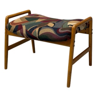 Danish Modern, Aztec Fabric, Light Stained Wood, Footstool, Denmark, 1950s For Sale