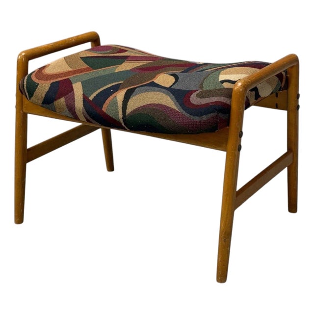 Danish Modern, Aztec Fabric, Light Stained Wood, Footstool, Denmark, 1950s For Sale