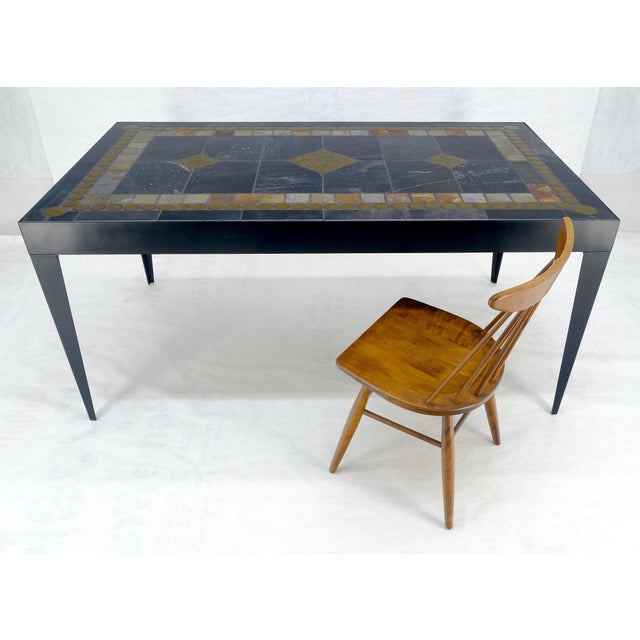Navy Blue Late 20th Century Rectangle Steel Angle Frame Art Tile Top Dining Table MINT For Sale - Image 8 of 14