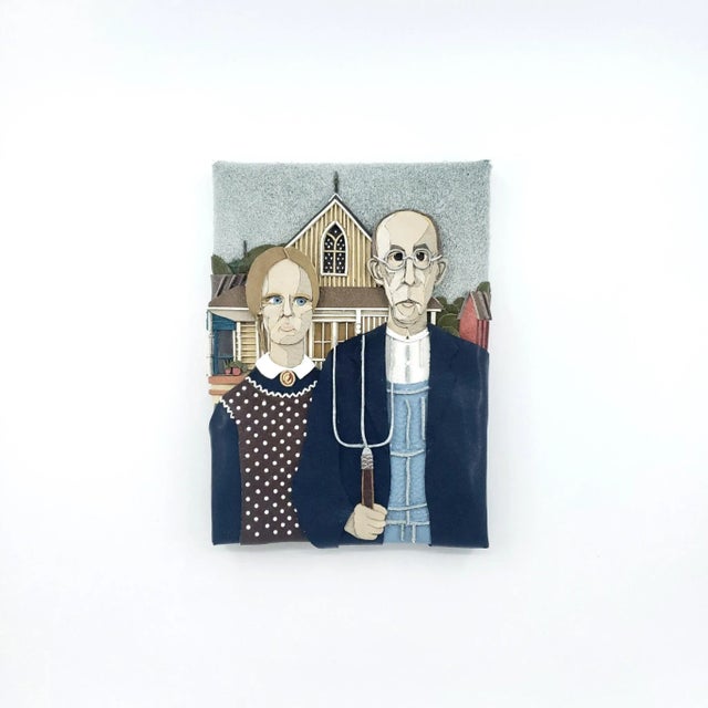 Handmade Leather Wall Art Parody Grant Wood "American Gothic" For Sale - Image 4 of 5