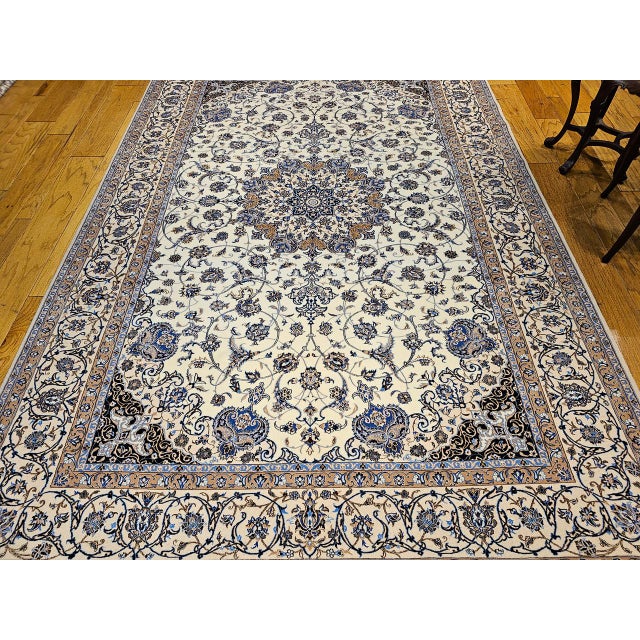 Persian Vintage Exceptionally Fine Persian Nain Habibian Area Rug, Hand-Knotted Wool & Silk, Floral Pattern, 7x10, Ivory & Blue For Sale - Image 3 of 16