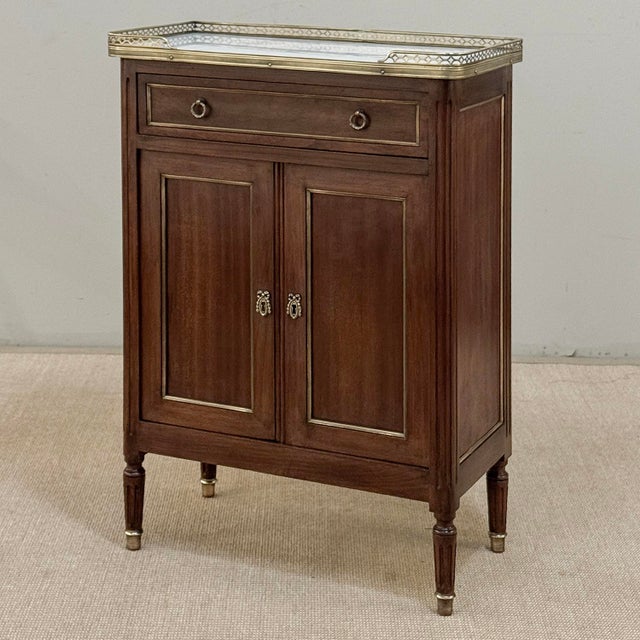 Antique French Louis XVI Mahogany Cabinet With Carrara Marble Top and Brass Gallery For Sale - Image 4 of 18
