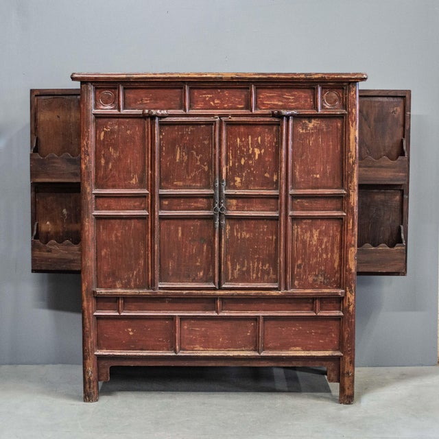 Antique Chinese Red Lacquer 2 Door Wine Cabinet For Sale - Image 4 of 10