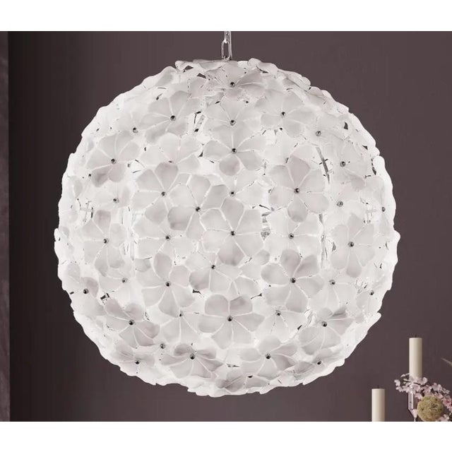 Italian chandelier with layered hand blown white Murano lotus flowers mounted chrome spherical structure / Made in Italy...