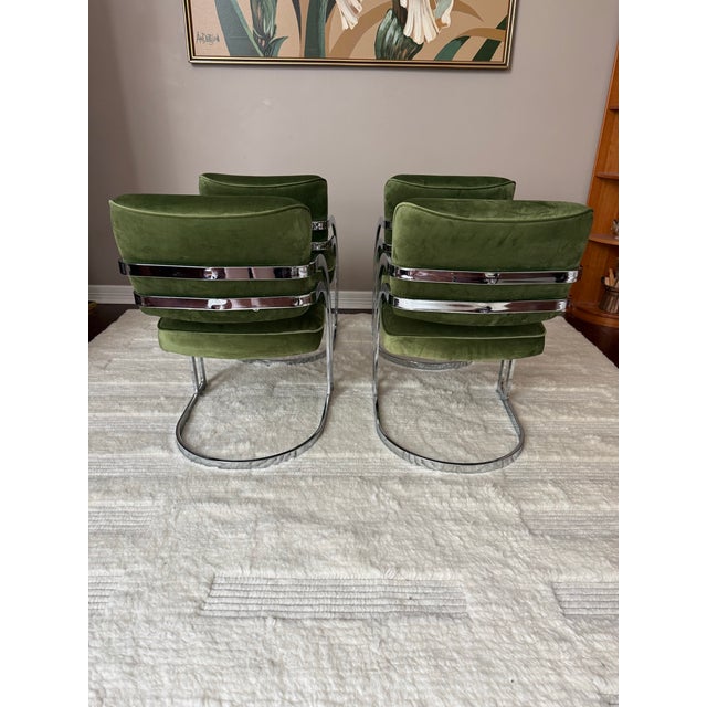 Vintage 1970s Chrome Cantilever Velvet Dining Chairs After Milo Baughman For Sale - Image 9 of 12