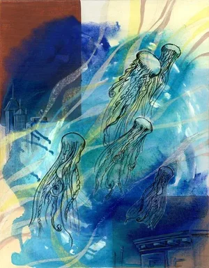 "Underwater 3 - Jellyfish" Contemporary Original Mixed-Media Collage on Canvas