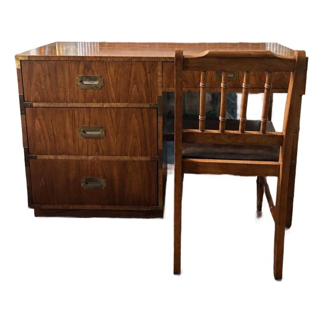 Matched Dixie Campaigner Desk & Chair Set, C. July 1978 — 767 Collection, Original Brass Hardware For Sale