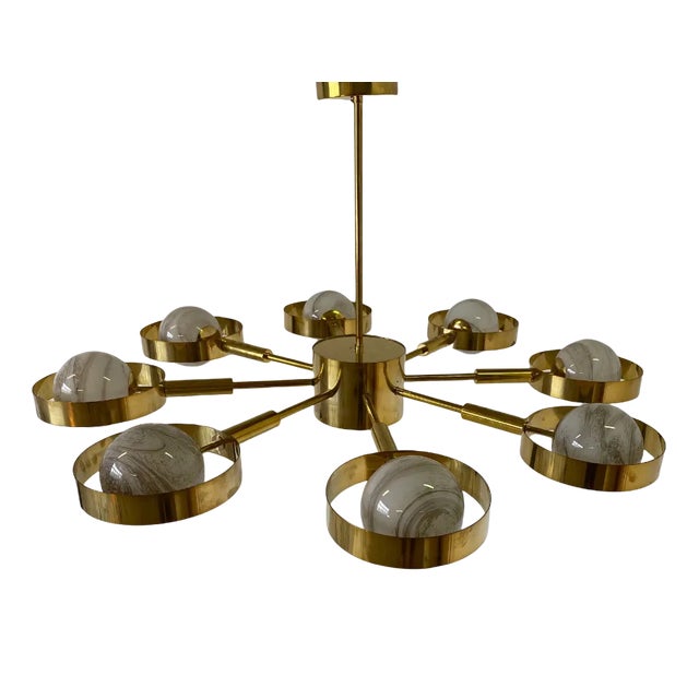 Italian Art Deco Murano Glass & Brass Ceiling Lamp For Sale
