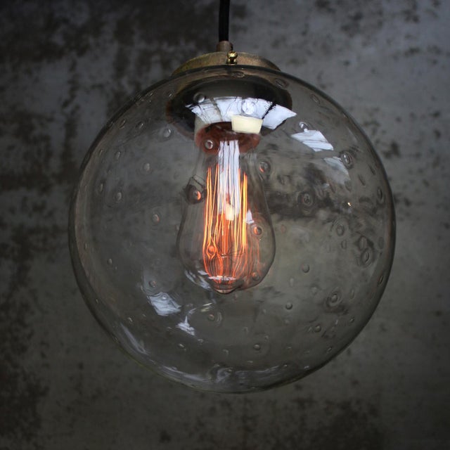 Vintage Dutch Bubble Glass and Brass Globe Pendant Lamp For Sale - Image 4 of 5