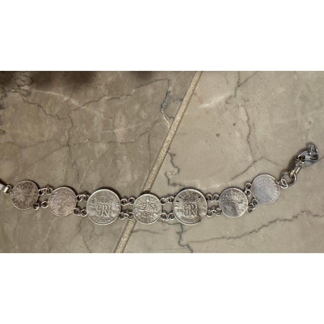 Mid-Century Modern Vintage Mid-Century Sterling & .500 Silver British Sixpence Coin Link Bracelet For Sale - Image 3 of 7