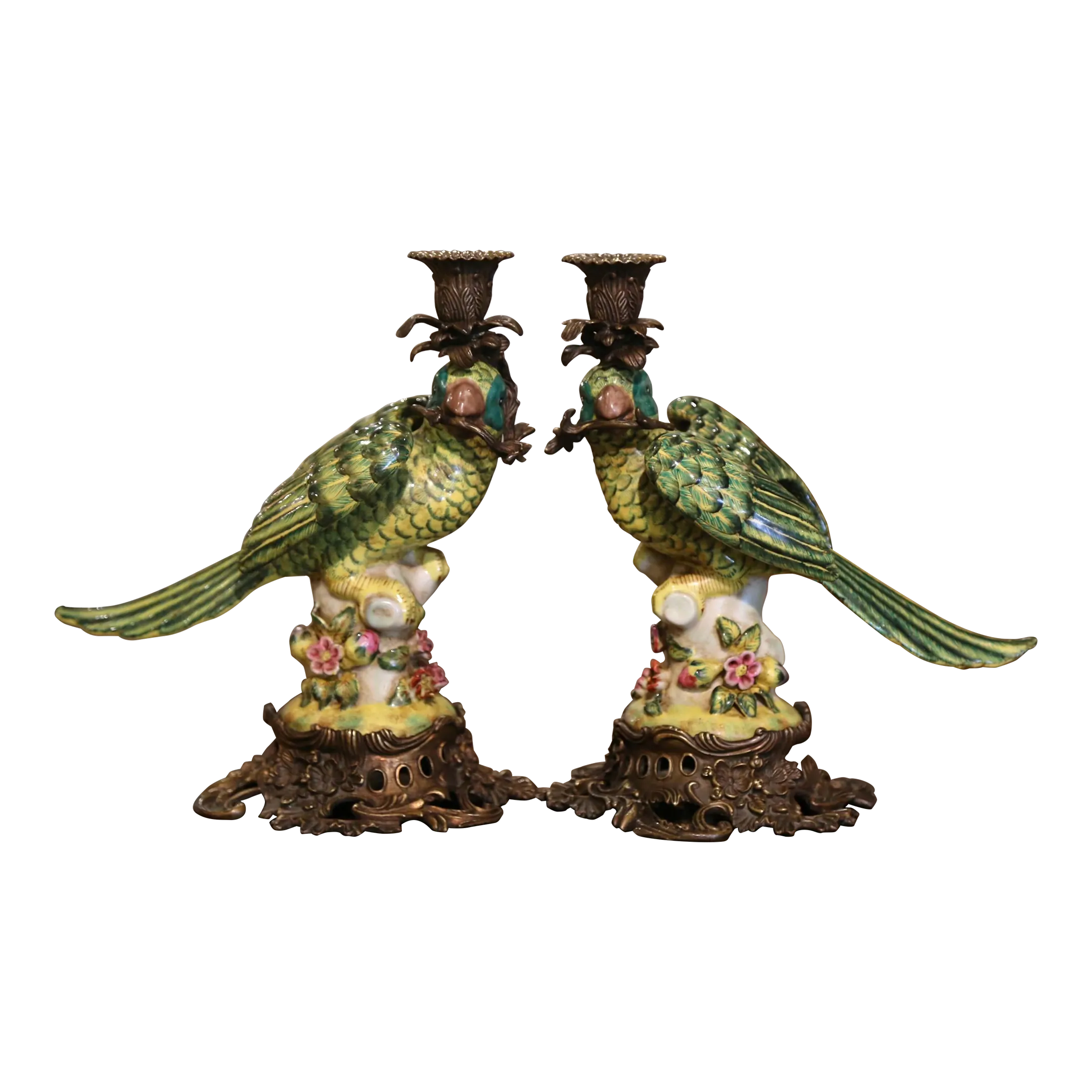 Pair of Early 20th Century French Faience Parrot Candle Holders on