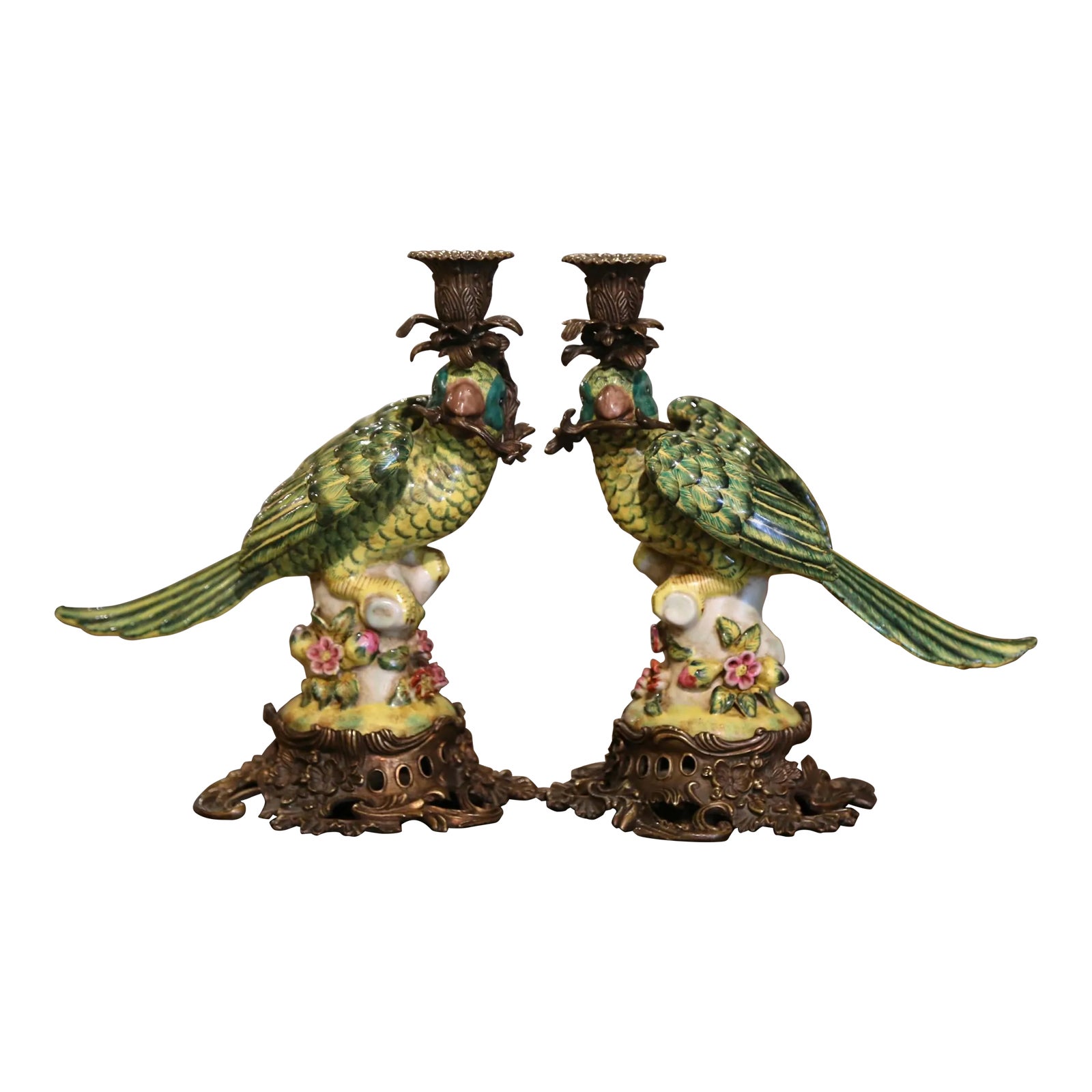 Pair of Early 20th Century French Faience Parrot Candle Holders on