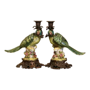 Pair of Early 20th Century French Faience Parrot Candle Holders on Bronze Bases