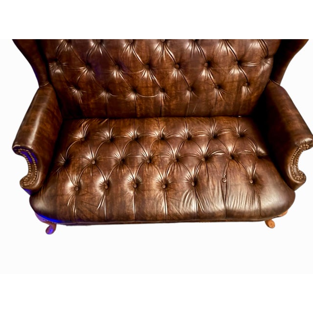 Chocolate Vintage English Chesterfield Tufted Oxblood Leather Wingback Settee For Sale - Image 8 of 12