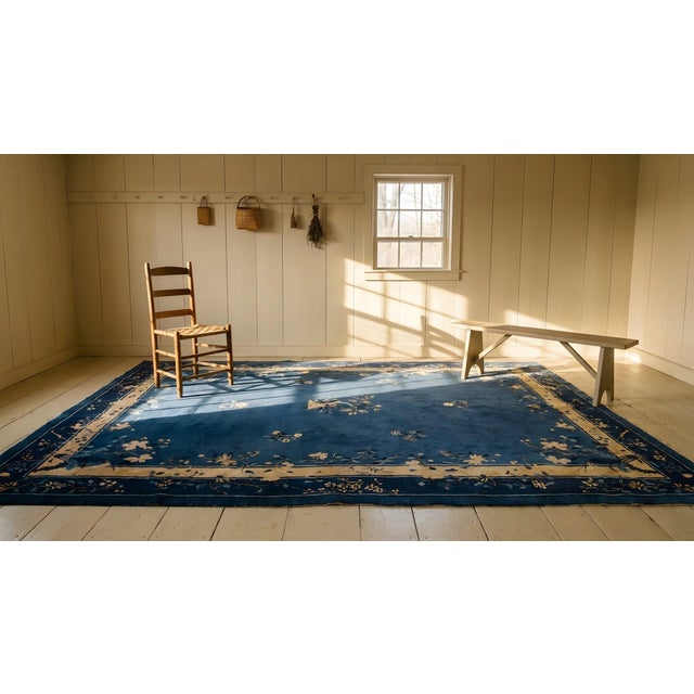 Classic Royal Blue Background Color With Splendid Floral Design Antique Chinese Peking Rug For Sale - Image 14 of 15