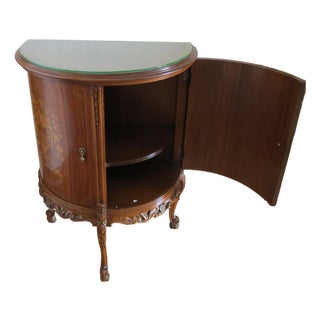 1920s Demi-Lune Commode, Marquetry, Two Doors, Two Shelves, Glass Top For Sale