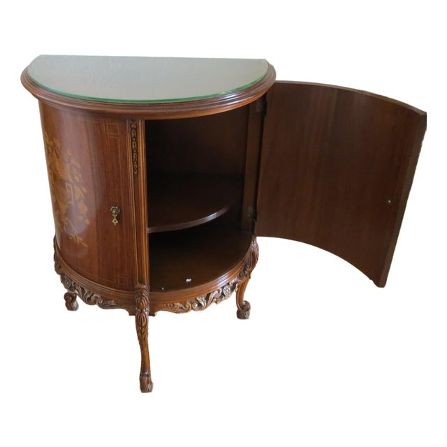 1920s Demi-Lune Commode, Marquetry, Two Doors, Two Shelves, Glass Top For Sale