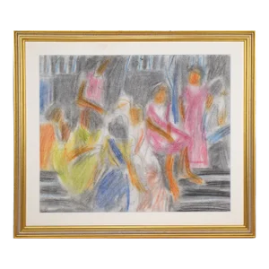 Vintage Figurative Abstract Pastel Drawing of Women