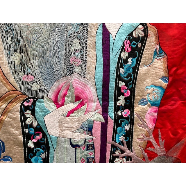 Vintage Chinese Shoulao Longevity Peach Deer Embroidery Fabric Tapestry Art For Sale - Image 12 of 16