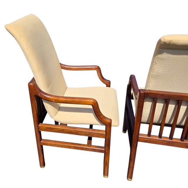 1980s 2 Henredon Scene One Campaign Dining Room Armchairs MCM Oak Brass For Sale - Image 9 of 14