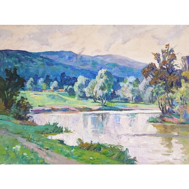 Antique River Landscape Oil Painting – Ukrainian Soviet Art, 1975 49.5-69.5 For Sale