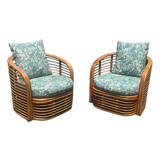 Pair Restored 1970s Mid-Century Modern Natural Bamboo Rattan Barrel Back Lounge Chairs For Sale