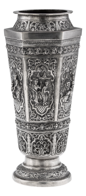 Antique Burmese Repoussé Silver Vessantara Jataka Vase, 1915