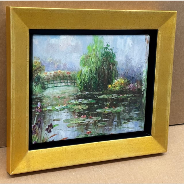 "Monet's Garden" Oil Painting on Canvas in Gold Tone Metal Leaf Frame For Sale - Image 4 of 6