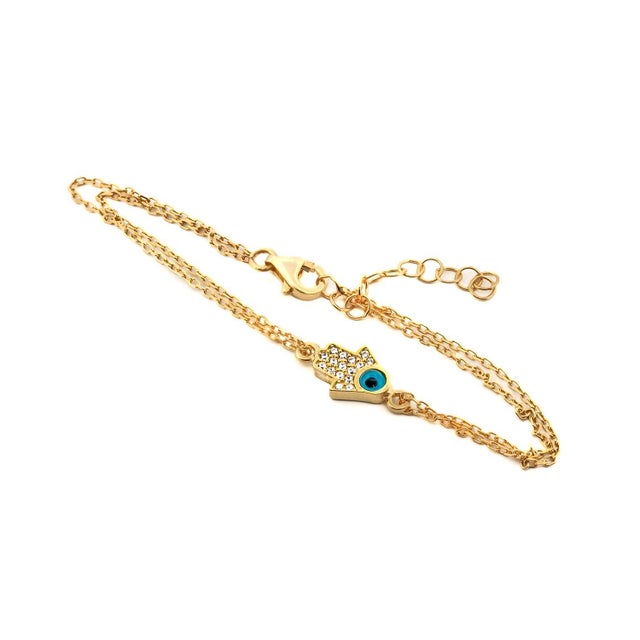 Minimalist Sparkly Hamsa Hand & Evil Eye Gold Bracelet For Sale - Image 4 of 11