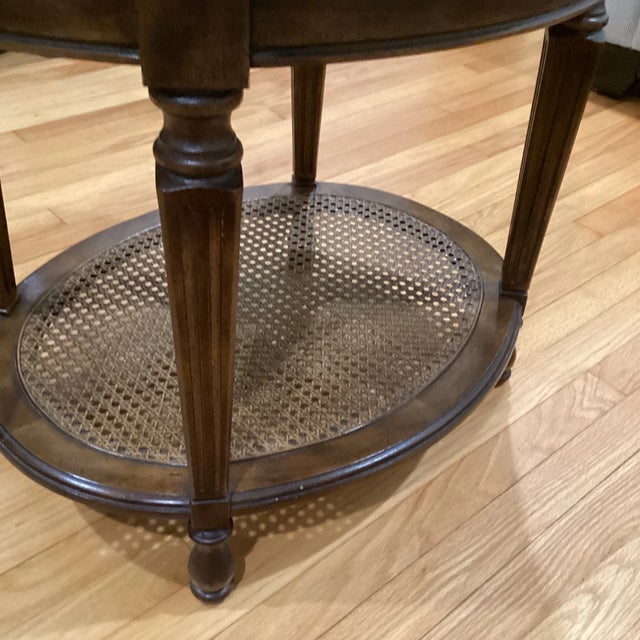 Italian Late 20th Century Vintage Drexel Heritage Walnut Italian Provincial Oval Side Table with Cane Shelf For Sale - Image 3 of 13