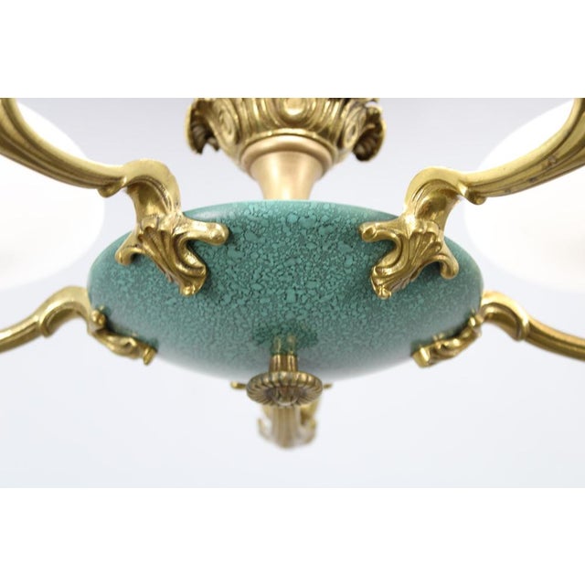 Art Deco Brass and White Glass Chandelier from Lyfa, Denmark, 1940s For Sale - Image 3 of 12