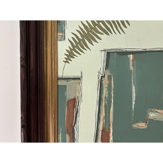 “Cabin Fern" Green Abstract Art in Antique Frame, Transitional Living Room Art by JTS For Sale - Image 4 of 11