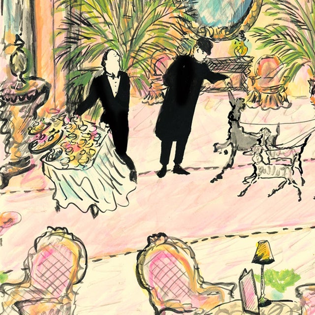 Two elegant poodles are greeted in the lavish hotel lobby.