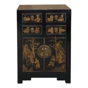 Vintage Oriental Distressed People Golden Graphic Black Side Table Cabinet