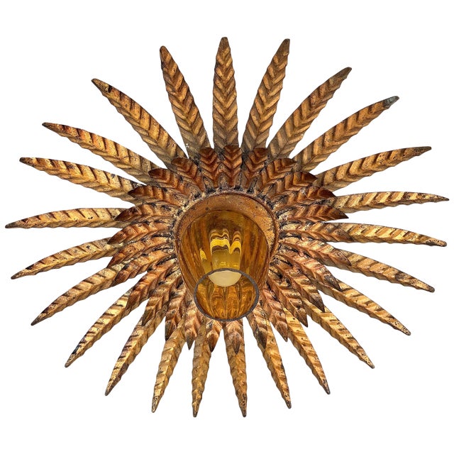 Midcentury Sunburst Ceiling Fixture With Glass Tulip For Sale