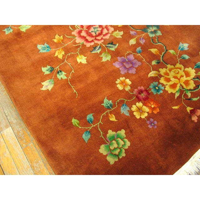 Art Deco 1920s Orange Floral Antique Chinese Art Deco Rug 9' X 11'6" Handknotted Wool Carpet For Sale - Image 3 of 6