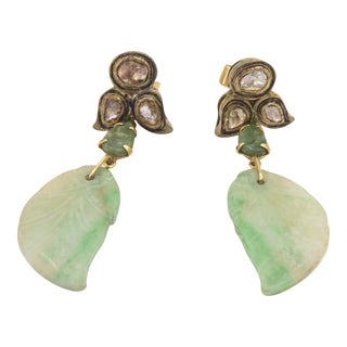 Jade Leaf Diamond Dangling Drop Earrings - 2 Pieces For Sale