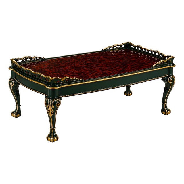 Vintage Carved Coffee Table With Bookmatched Mahogany Veneer Top, Deep Emerald Green Lacquer & Gold Gilded Accents — Glass Insert For Sale