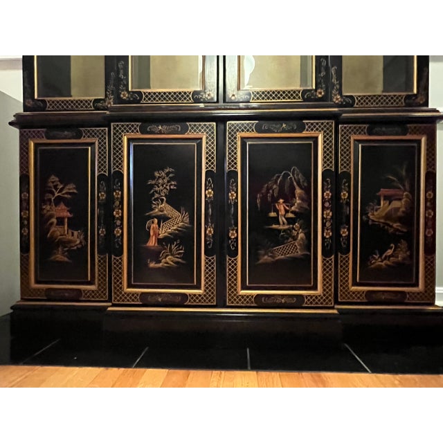 Wood Mid 20th Century Ethan Allen Handpainted, Black and Gold Chinoiserie Asian China Display Cabinet and Buffet For Sale - Image 7 of 12