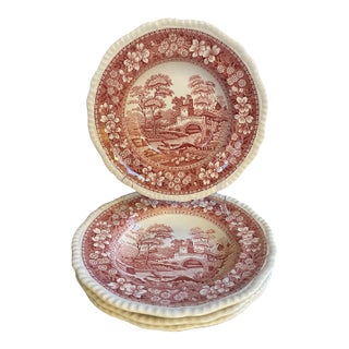 Final Markdown. Rare Find; Spode “Pink Tower” Design; English Transferware Soup Plates. Set of 4 For Sale
