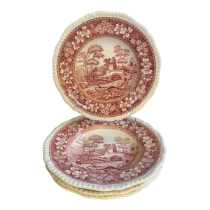 Final Markdown. Rare Find; Spode “Pink Tower” Design; English Transferware Soup Plates. Set of 4
