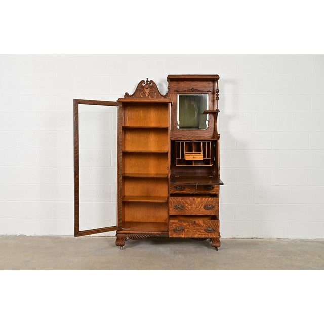 Early 20th Century Antique Victorian Carved Tiger Oak Side-by-Side Bookcase With Drop Front Secretary Desk, Circa 1900 For Sale - Image 5 of 16