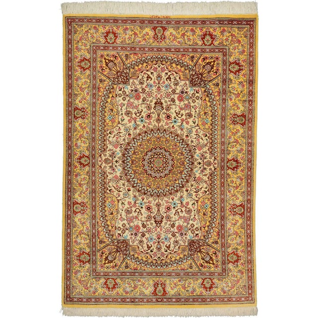 Hand-knotted Qom rug | Knot density: approx. 1.000.000 knots/m² | Pile: 100% silk | Warp: 100% silk | Size: 102 x 151 cm |...