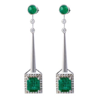 10.52 Carats Natural Zambian Emerald Earrings with 1.32 Diamonds and 14k Goldol For Sale