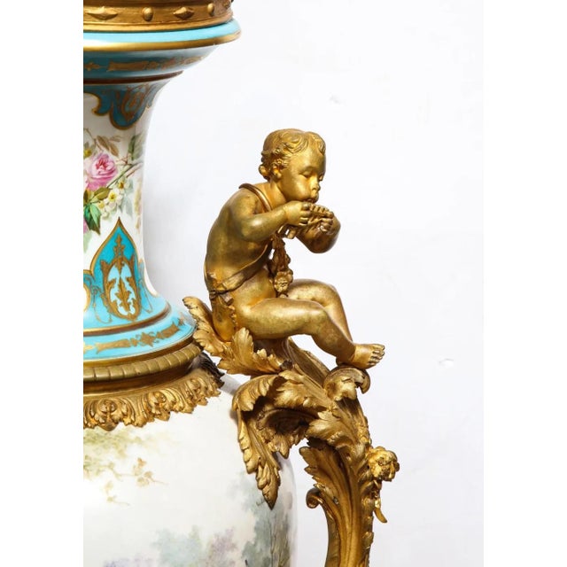 French Mid 19th Century Palatial French Ormolu-Mounted Sevres Porcelain Hand-Painted Vase and Cover For Sale - Image 3 of 18