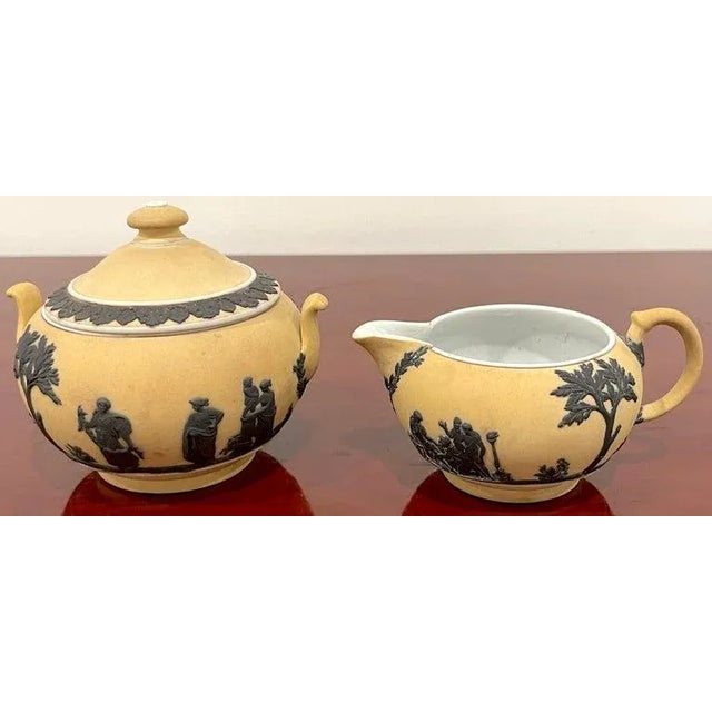 Wedgwood Yellow Dip Jasperware & Black Basalt Sugar & Creamer, C 1900 For Sale In West Palm - Image 6 of 10
