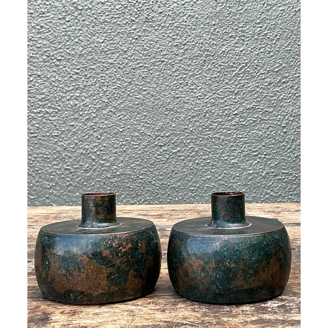 Vintage Patinated Metal Vases - Pair For Sale In West Palm - Image 6 of 12