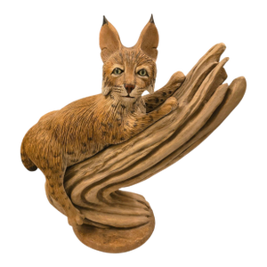 1990s Carved Wood Bobcat Baby Sculpture by Ronald Karulski Wild Cat Wildlife Carving