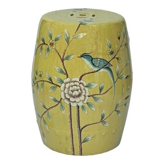 Distressed Yellow Porcelain Flower Birds Round Barrel Stool Table For Sale