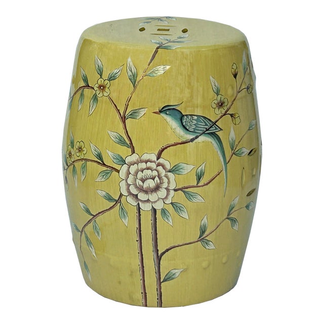 Distressed Yellow Porcelain Flower Birds Round Barrel Stool Table For Sale
